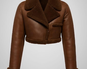 Women's Brown Cropped Sheepskin Shearling Leather Jacket : Handmade Aviator-jacket Fur-jacket / Christmas-Gift