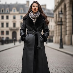 May include: A long, black leather coat with a belted waist and shearling trim. The coat features a wide collar and cuffs, and is worn over a patterned scarf. The coat is knee-length and has a classic, elegant style.