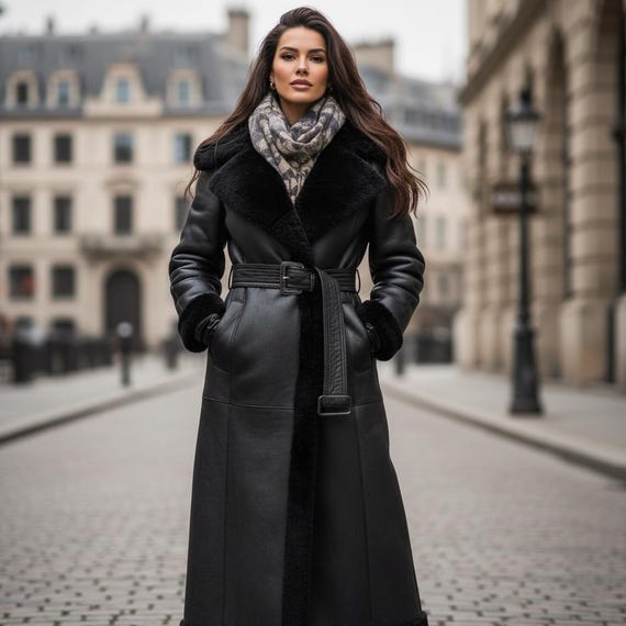 Full-Length Shearling-Coat Black Women's, Real-Leather Long-Winter-Trench, Warm Sheepskin Fur-Jacket with Belt, Luxury Winter-Overcoat, Gift