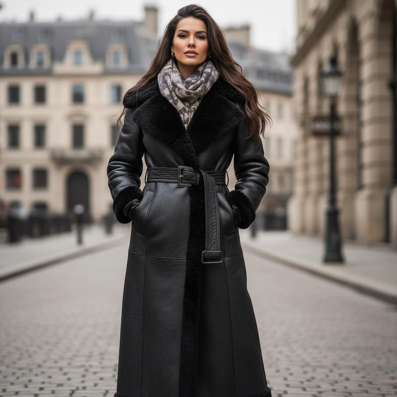 May include: A long, black leather coat with a belted waist and shearling trim. The coat features a wide collar and cuffs, and is worn over a patterned scarf. The coat is knee-length and has a classic, elegant style.