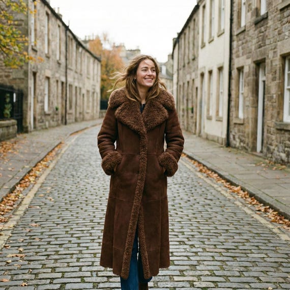 Women's Long-Brown Shearling-Coat | Vintage 70s-Style Penny Lane -jacket | Genuine Sheepskin-Leather, Winter Outerwear, Gift-for-Her