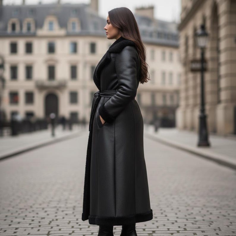 May include: A long, black leather coat with a shearling lining and a belted waist. The coat is worn by a person standing on a cobblestone street in front of a European-style building.