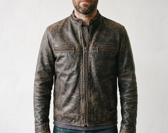 Distressed Dark Brown Lambskin-Leather Motorcycle-Jacket for-Men - Rugged Biker Moto-Jacket - Vintage-Patina Cafe-Racer Leather-Jacket