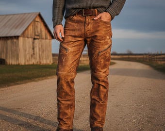 Men's Distressed-Brown Leather-Pants - Genuine-Lambskin Leather-Trousers, Handmade Vintage-Style Biker-Pants, Rugged Outdoor Leather-Apparel