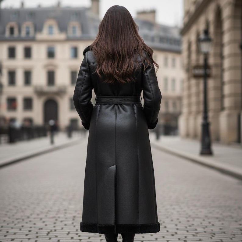 May include: A long, black leather coat with a belted waist and shearling trim. The coat is knee-length and worn by a person walking away from the camera on a cobblestone street.
