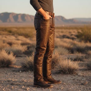 May include: Brown leather pants with a matching belt and boots. The pants have a textured appearance and a classic five-pocket design. The belt has a rectangular buckle. The boots are brown and lace-up.