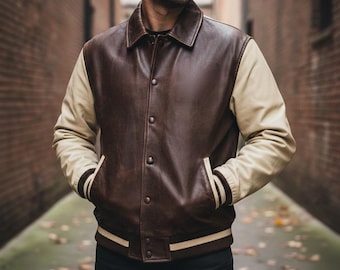 Men's Brown Lambskin Leather-Jacket : Genuine Handmade Biker-Jacket, Vintage-Jacket, Warm Winter-Jacket, Gift-for-Him / Christmas-Gift