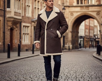 Abrigo de piel de oveja y ante color granate para hombre: gabardina auténtica hecha a mano, abrigo largo, abrigo de piel, abrigo de invierno, abrigo vintage / regalo de Navidad