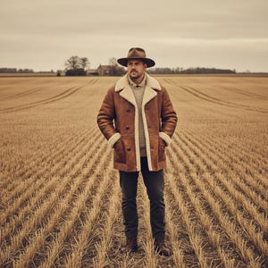May include: A person wearing a brown shearling coat with a cream-colored lining and a brown hat stands in a harvested field. The coat has a button-up front and pockets. The person is also wearing a gray sweater, dark jeans, and brown boots.