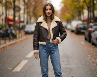 Women's Dark Brown Cropped Shearling Leather-Jacket : Genuine Handmade Biker-Jacket, Warm-Winter-Jacket,Fur-Jacket,Aviator-Coat,Gift-For-Her