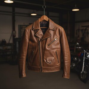 May include: A brown leather jacket with a classic biker style, featuring an asymmetrical zipper closure, multiple pockets, and a notched collar. The jacket hangs from a wooden hanger.