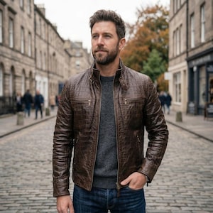 Genuine Leather-Jacket Men, Brown Crocodile-Texture Biker-Coat, Luxury Embossed-Leather Moto-Jacket, Handmade Real-Leather Bomber, Gift