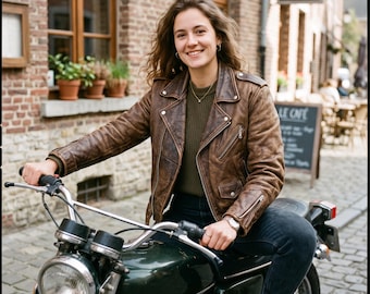 Women Brown Leather Biker Jacket, Vintage-Style Genuine-Lambskin Motorcycle-Jacket, Distressed Fitted-Slim Leather Moto-Jacket Gift-for-Her