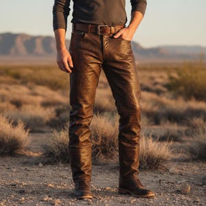 May include: Brown leather pants with a matching belt. The pants have a textured appearance and are worn with brown leather boots. The person is standing outdoors in a desert environment.