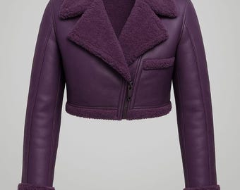 Women's Purple Cropped Shearling Leather Jacket : Handmade Sheepskin Fur-jacket  Aviator-jacket / Christmas-Gift