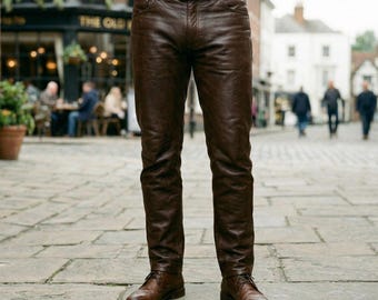 Mens Chocolate-Brown Leather-Pants, Straight-Leg Real-Lambskin Trousers, Handmade Brown Leather-Jeans, Dark-Brown Luxury Leather-Slacks/Gift