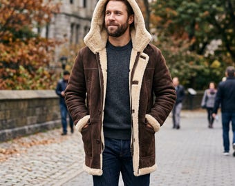 Men's Dark Brown Suede Shearling Hooded Duffle Coat, Wool Lined Winter Parka