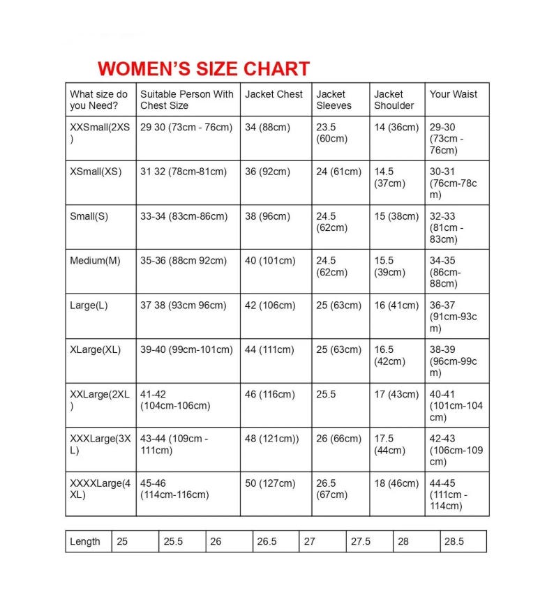 May include: A Women's Size Chart with measurements in inches and centimeters. The chart includes sizes from XXSmall to XXXXLarge, detailing chest size, jacket chest, jacket sleeves, shoulder, and waist measurements.