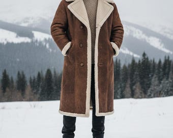 Men's Brown Suede Shearling Leather Coat : Genuine Handmade Trench-coat, Fur-coat, Long-Coat, Vintage-coat, Winter-coat / Christmas-Gift