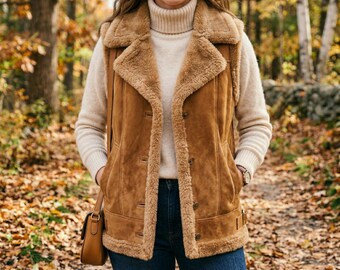 Camel Wildleder Shearling-Weste Frauen - Echtes-Schaffell-Leder-Weste, Boho-Western-Style Winter-Weste, Handmade-Luxus Geschenk-für-Sie