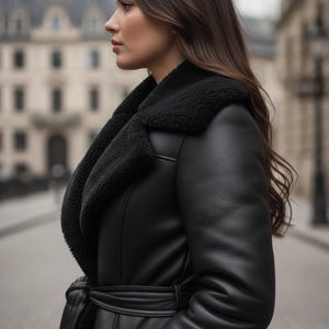 May include: A black leather coat with a plush, black shearling collar and lapels. The coat features a belted waist and a classic design. The image is taken outdoors, with a blurred background of a city street.