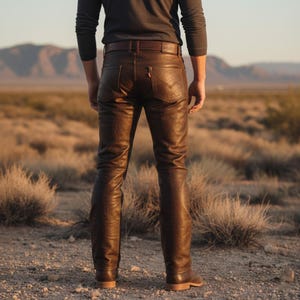 May include: Brown leather pants with a classic five-pocket design and a brown leather belt. The pants have a slim fit and a slightly worn appearance. The person is standing in a desert landscape.