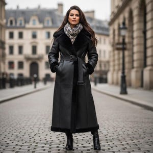 May include: A long, black leather coat with a belt, worn over a patterned scarf. The coat has a fur-lined collar and cuffs. The person is wearing black boots. The coat is knee-length and has a classic, elegant style.