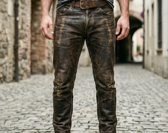Men's Distressed Leather Pants Dark-Brown Genuine-Lambskin - Handmade Vintage Biker-Trousers - Rugged Cowboy-Style Slim-Fit Leather-Jeans