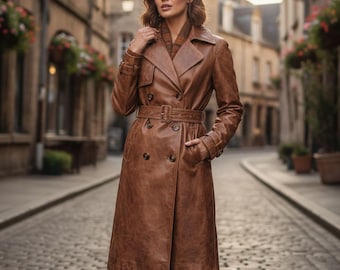 Handmade Women's Brown Leather Trench-Coat, Long Double-Breasted Genuine Leather-Jacket,Classic Belted Overcoat, Vintage-Style Leather-Parka