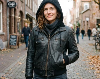 Vintage Black Leather Jacket Women Hooded-Bomber Lambskin-Leather Moto-Jacket Hooded Double-Collar Knit-Rib Detachable-Hooded Biker-Jacket