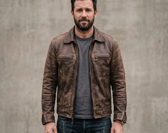 Men Distressed-Brown Leather-Jacket, Handmade Lambskin Motorcycle Cafe-Racer Jacket, Vintage-Style Genuine-Leather Biker-Outerwear, Gift