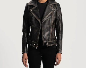 Distressed schapenvacht leren bikerjack dames