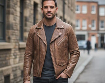 Men's Distressed Brown Leather Biker-Jacket, Genuine Vintage-Style Cowhide Moto-Jacket, Handmade Rugged Leather Slim-Fit-Coat, Gift-for-Him