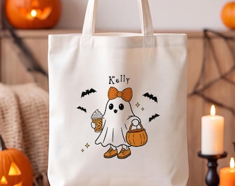 Personalized Halloween Ghost Tote Bag, Custom Name Trick or Treat Bag, Cute Pumpkin Tote, Spooky Halloween Gift for Girls Women