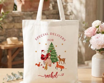 Bolso navideño personalizado, bolsa de regalo de Papá Noel con nombre personalizado, bolso de lona con árbol de Navidad, bolsa de compras navideñas, regalo de Navidad para mujer