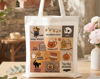 Halloween Tote Bag, Spooky Season Canvas Bag, Pumpkin Ghost Witch Tote, Fall Trick or Treat Shopper, Halloween Gift for Women