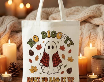 Borsa tote di Halloween, graziosa borsa in tela con fantasmi, borsa autunnale spettrale, regalo per la stagione delle zucche, borsa per la spesa riutilizzabile autunnale per gli amanti di Halloween