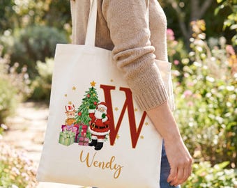 Personalized Christmas Tote Bag, Custom Name Initial Canvas Bag, Santa Christmas Tree Holiday Gift Bag, Christmas Shopping Tote for Women