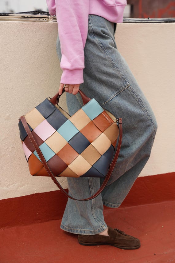 Woven Leather Tote Bag, Large Multicolor Shoulder Bag, Handmade Leather Handbag, Everyday Work Bag