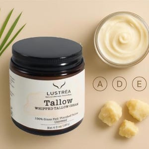 LUSTRÉA Whipped Tallow Cream 4oz | Grass-Fed Organic Moisturizer | Fragrance-Free Balm for Face & Body