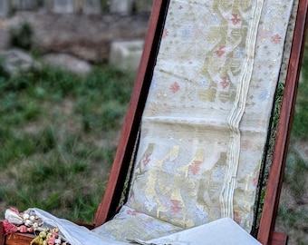 Metallic Mosaic - 84 Count Half-Silk Ivory Dhakai Jamdani with Gold-Silver-Copper Motifs