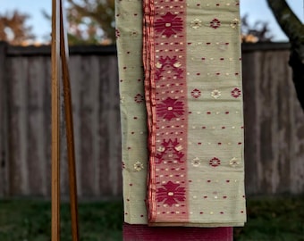 Olive Maroon Harmony - 80/60 Mixed Count Dhakai Jamdani with Maroon Motifs