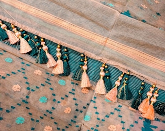 Verdant Tradition - 84 Count Half-Silk Peach Teal Dhakai Jamdani with Traditional Motifs
