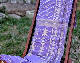 Lavish Lavender Gleam - 84 Count Half-Silk Lavender Dhakai Jamdani with Silver and Golden Motifs