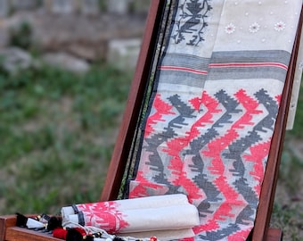 Heritage Contrast - 84 Count Half-Silk Ivory Dhakai Jamdani with Black-Red Traditional Motifs