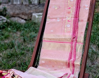 Peach Royal Bloom - 84 Count Half-Silk Peach Dhakai Jamdani with Silver and Golden Motif