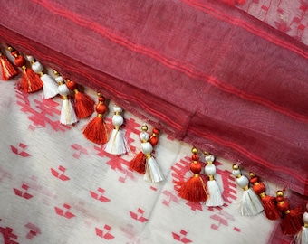 Scarlet Heritage - 84 Count Half-Silk White Dhakai Jamdani with Traditional Red Motifs