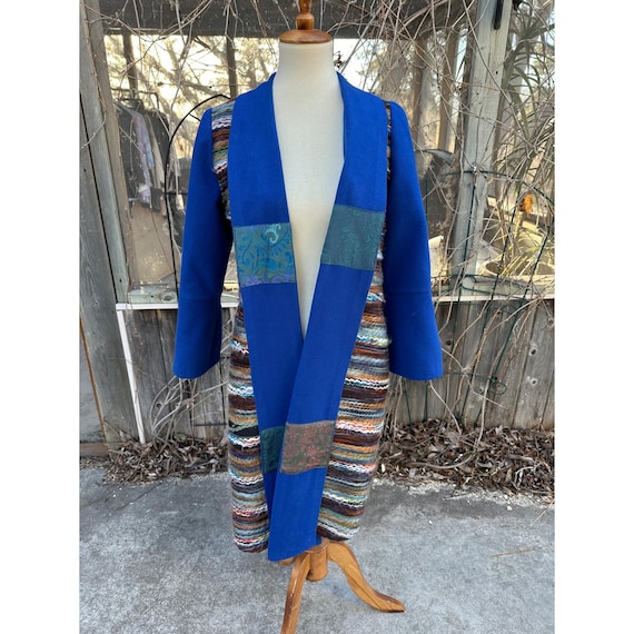 Vintage Duster Coat Open Front Patchwork Cobalt B… - image 1