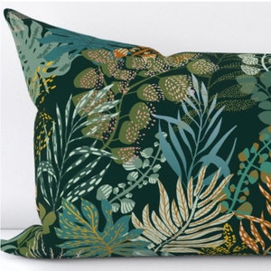 KD Spain — Palm Leaf Teal Tropical Woodblock Style Colorful Throw Pillow  Accent Decor