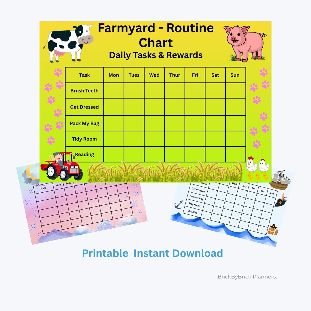 Kids Routine Chart Printable Bundle – Farm Pirate Bedtime, Chore Chart ...
